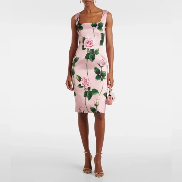 Dolce&Gabbana Rose Floral Satin Cocktail Midi Dress - Picture 1 of 5